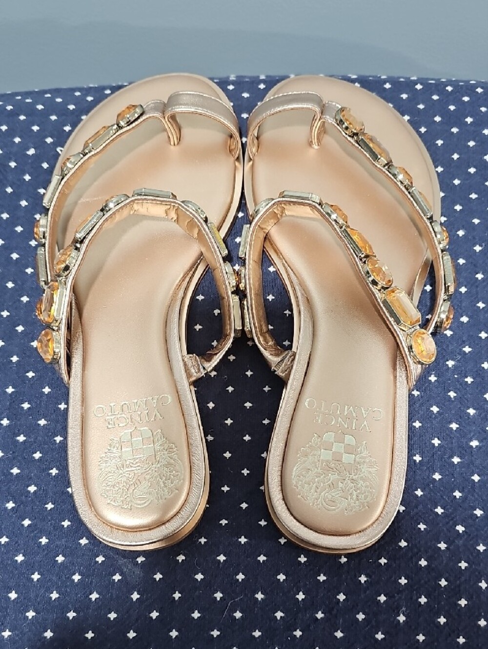 Vince Camuto Metallic Gold Jeweled Double-Strap Slide Sandals - Picture 10 of 14